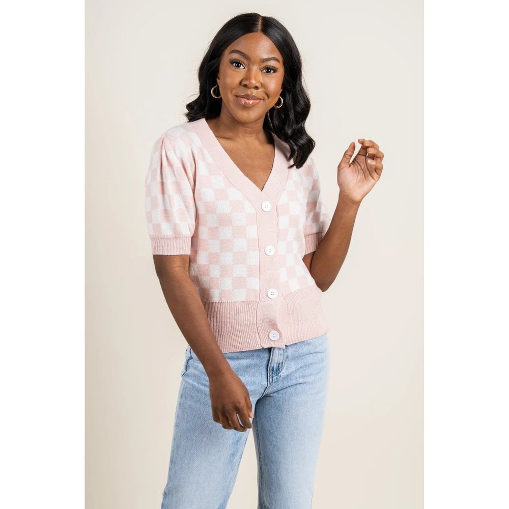 Listicle CHECKERED‎ SWEATER TOP BLUSH - Size Large